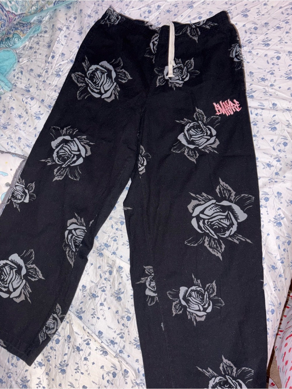 Empyre Black Rose-Print Sweatpants with Pink Logo